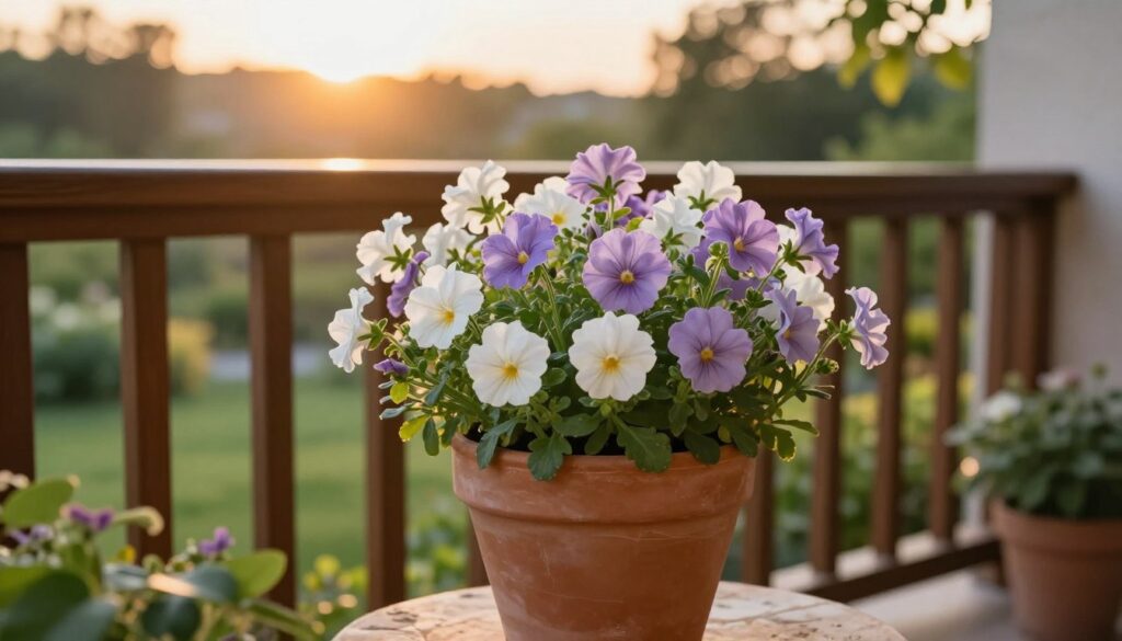A beautiful balcony scene showcasing a clay pot filled with vibrant Maciejka flowers in full bloom. The foreground features lush greenery surrounding the pot, with petals in shades of white and lavender displaying delicate details. The middle ground captures a rustic wooden balcony railing with the sun setting softly, casting a warm, golden glow, enhancing the flowers' colors. In the background, a serene garden view with soft-focus greenery complements the calming atmosphere. The image is well-lit, with soft lighting enhancing the romantic evening ambiance, evoking a sense of tranquility and beauty. The angle is slightly elevated, providing a clear view of the pot while emphasizing the surrounding natural beauty. The mood is inviting and peaceful, perfect for a cozy evening setting.