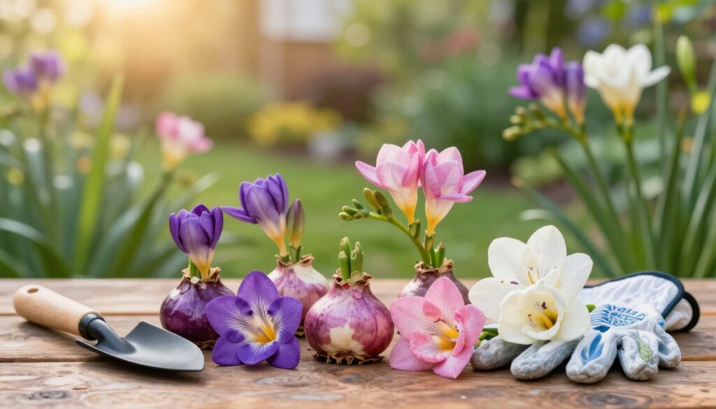 A beautifully arranged still life featuring a collection of vibrant freesia bulbs, showcasing their unique shapes and intricate textures. The foreground includes several bulbs with varying colors, like deep purple, soft pink, and creamy white, arranged artistically on a rustic wooden table. A pair of gardening gloves and a small trowel are subtly placed beside the bulbs. In the middle ground, there's a lush green garden backdrop with occasional blooming freesia flowers, softly diffused in natural sunlight to evoke a warm and inviting atmosphere. The background features a blurred view of a tranquil garden scene, with hints of other plants bathed in golden hour light. Capture this tranquil gardening moment with a shallow depth of field, creating a soft focus that emphasizes the delicate beauty of the freesia bulbs while maintaining an overall serene and nurturing mood.