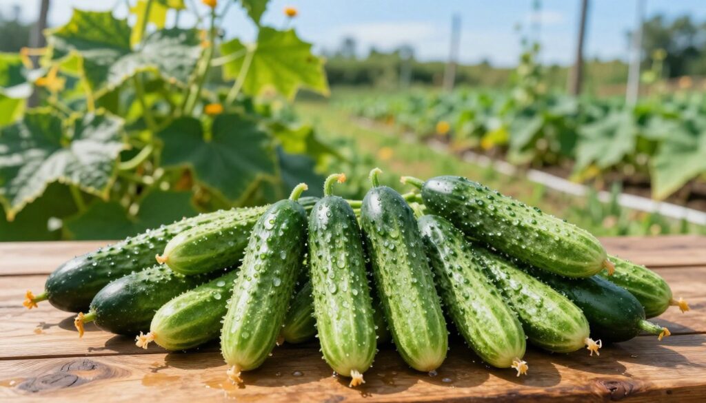 A bountiful collection of vibrant green cucumbers freshly harvested from the garden. In the foreground, a variety of cucumbers in different sizes, showing glistening dew drops, lie nestled on a rustic wooden table, reflecting the morning sunlight. The middle ground features green leaves and vines intertwined, providing a natural backdrop that emphasizes the seasonality of the harvest. In the background, a blurred garden scene with rows of cucumber plants and a clear blue sky, enhancing the sense of freshness and abundance. The lighting is bright and natural, highlighting the texture of the cucumbers, with a warm and inviting atmosphere that evokes the joy of gardening. The image is devoid of any text or distractions, focusing solely on the cucumbers.