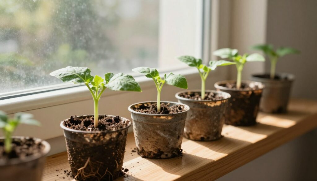 A bright, sunny interior scene featuring a wooden windowsill adorned with healthy sweet potato seedlings in small, rustic pots, showcasing vibrant green leaves sprouting upwards. The foreground includes a close-up of one pot with rich, dark soil and visible root structures. In the middle, several pots are lined up neatly, each with varying-sized seedlings, casting delicate shadows on the windowsill. The background shows soft, out-of-focus sunlight filtering through a sheer curtain, creating a warm, inviting atmosphere. The overall mood is serene and nurturing, suggesting a peaceful home gardening experience. The image should capture the essence of growing sweet potato seedlings indoors, highlighting the joy of starting a home garden.