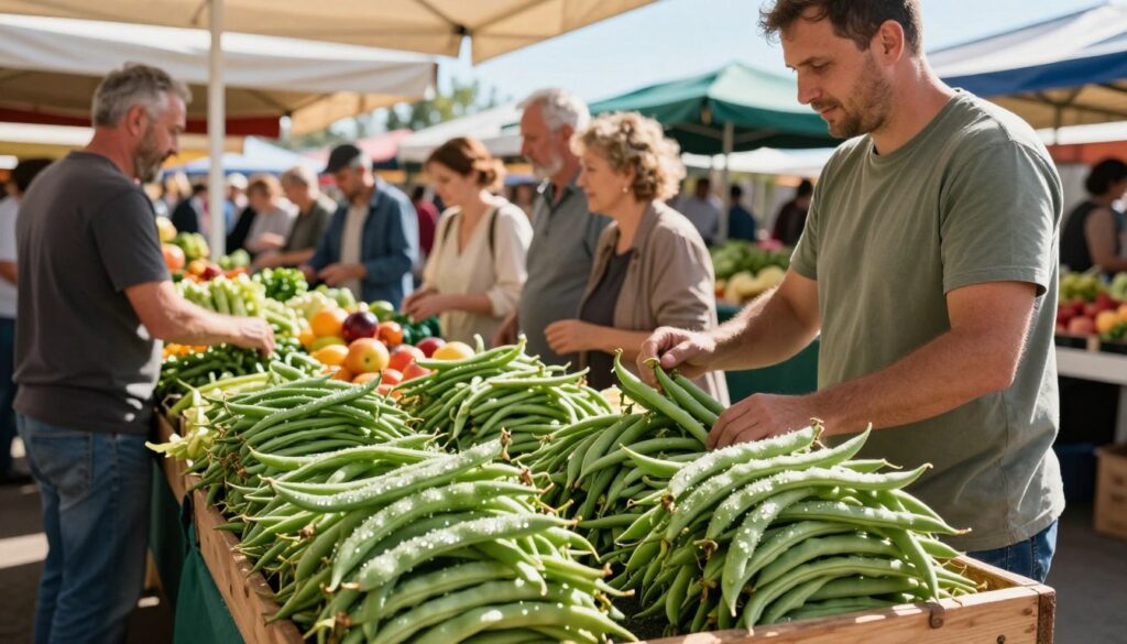 A bustling farmer's market scene showcasing vibrant, fresh green beans, known as fasolka szparagowa, laid out for sale. In the foreground, a vendor wearing modest casual attire stands beside a wooden stall filled with neatly arranged bundles of green beans, emphasizing their freshness with dewdrops glistening in soft morning light. In the middle ground, shoppers examine the produce, their expressions of curiosity and delight enhancing the atmosphere of the market. The background captures a colorful array of fruits and vegetables, with stalls canopied in natural fabrics, under a clear blue sky. The lighting is bright yet warm, invoking a sense of a sunny, cheerful day. The overall mood is lively and inviting, perfect for illustrating the excitement of selecting the best fasolka szparagowa.