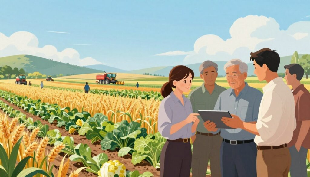 A captivating, detailed illustration of a lush agricultural landscape showcasing various crops with visible yield calculations overlaid on the ground. In the foreground, a diverse group of farmers, dressed in professional attire, discuss and analyze data on a tablet, emphasizing teamwork and strategic planning. The middle layer features rows of vibrant crops, including wheat, corn, and vegetables, representing the potential for profit. In the background, a clear blue sky, rolling hills, and distant farm machinery convey the busy atmosphere of a thriving agricultural market. Soft, natural lighting enhances the colors of the crops and the earnest expressions of the farmers, creating an optimistic and business-focused mood. A captivating, detailed illustration of a lush agricultural landscape showcasing various crops with visible yield calculations overlaid on the ground. In the foreground, a diverse group of farmers, dressed in professional attire, discuss and analyze data on a tablet, emphasizing teamwork and strategic planning. The middle layer features rows of vibrant crops, including wheat, corn, and vegetables, representing the potential for profit. In the background, a clear blue sky, rolling hills, and distant farm machinery convey the busy atmosphere of a thriving agricultural market. Soft, natural lighting enhances the colors of the crops and the earnest expressions of the farmers, creating an optimistic and business-focused mood.