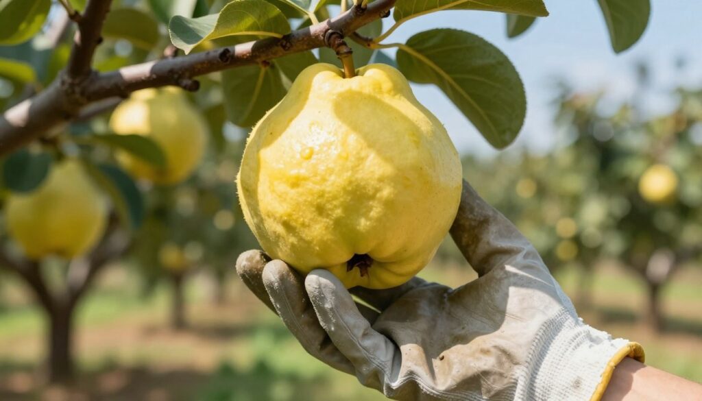 A close-up of a ripe quince (pigwa) hanging from a tree branch, showcasing its yellow, textured skin with a slight sheen that indicates juiciness and flavor. The foreground features a pair of hands gently reaching for the fruit, clad in modest gardening gloves, showing care and attention. In the middle ground, lush green leaves and hints of sunlight filtering through, creating a soft, warm glow that enhances the scene’s inviting atmosphere. The background reveals a serene orchard setting with blurred rows of fruit trees under a clear blue sky, implying the proper timing to harvest. The overall mood is tranquil and informative, highlighting the importance of careful picking to preserve the quince's unique aroma. Natural light enhances the details and richness of colors, inviting viewers to learn more about optimal harvesting practices.