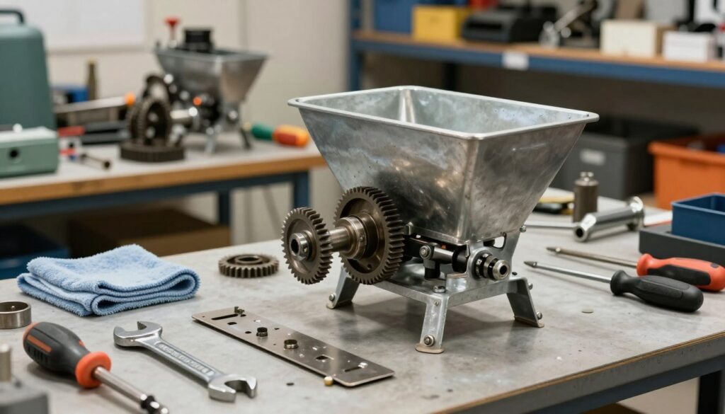A close-up scene depicting the step-by-step disassembly of a fertilizer spreader in a well-lit workshop environment. In the foreground, focus on a detailed view of the spreader, partially disassembled, showcasing its various components like gears, a hopper, and distribution plates. Add tools such as wrenches and screwdrivers arranged neatly beside it, emphasizing the methodical dismantling process. In the middle ground, include a workbench cluttered with additional parts and a cleaning cloth, indicating preparation for maintenance. The background should feature industrial shelves stacked with additional equipment and boxes, giving a sense of an active workspace. Use bright, even lighting to highlight the metal surfaces and create a technical atmosphere, conveying a mood of professionalism and focus on precision.