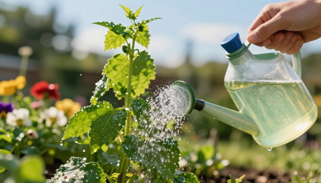 A close-up scene featuring a green leafy plant being watered with a diluted fertilizer solution, showcasing the process of applying a nutrient solution for optimal plant health. In the foreground, a hand gently holds a watering can, with water droplets glistening in sunlight. The middle ground displays vibrant green leaves, highlighting the plant's rich color and vitality. In the background, a softly blurred garden setting with colorful flowers and a clear blue sky, giving a serene atmosphere. The lighting is warm and inviting, emphasizing the connection between careful plant care and nature. The angle captures a sense of hands-on gardening, reflecting a practical application of fertilization techniques.