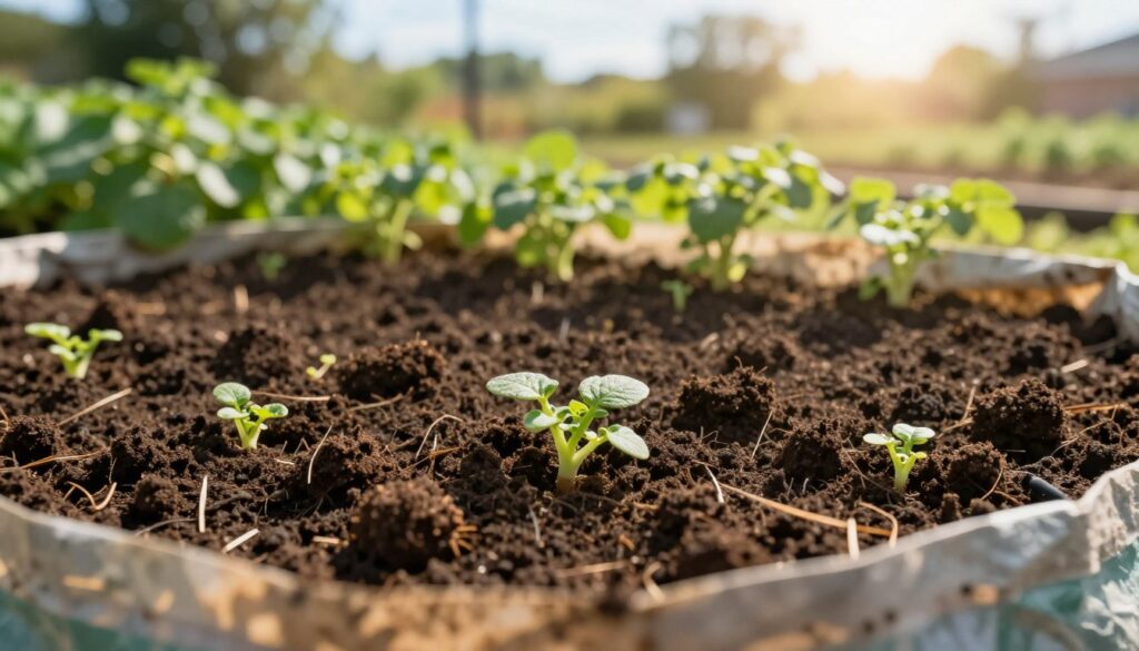A close-up view of a gardening bag filled with layers of soil and potato plants, showcasing the technique of layering for optimal growth. In the foreground, prominently feature rich, dark soil with small potato sprouts peeking through, indicating healthy growth. The middle section should display multiple layers of soil, each distinct and textured, mixed with organic matter. In the background, softly blurred greenery and a bright, sunny sky create an inviting outdoor atmosphere. The lighting is warm, highlighting the textures of the soil and plants, capturing the essence of a thriving small-space garden. The overall mood is productive and hopeful, emphasizing sustainable gardening practices.