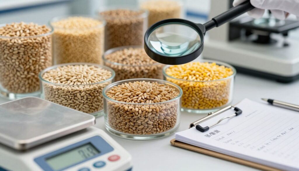 A close-up view of a grain sample analysis scene, focusing on the fine textures and colors of different types of grains, such as wheat, barley, and corn, positioned in transparent glass containers. The foreground features a digital scale displaying precise weights, while a notepad beside it shows handwritten notes on grain quality indicators. In the middle ground, a magnifying glass hovers above the grains, symbolizing analysis and accuracy. The background is softly blurred to suggest a laboratory setting with shelves of various grain types and equipment. Natural light streams in, creating a bright and professional atmosphere, capturing the essence of agricultural quality assessment. The overall mood conveys precision and expertise in grain evaluation, emphasizing the importance of quality parameters in determining pricing.
