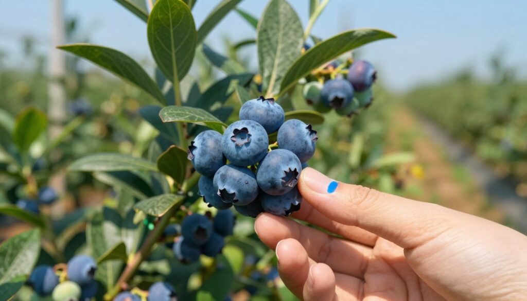 A close-up view of a hand gently picking ripe blueberries from a bush, showcasing plump, glistening berries surrounded by lush green leaves. The foreground highlights the delicate fingers with a fresh blue stain, indicating the fruit's juiciness. In the middle ground, a cluster of blueberries catches the soft, warm sunlight filtering through the leaves, emphasizing their vibrant colors. The background is a blurred expanse of a blueberry farm, with rows of bushes stretching under a clear blue sky. Soft, natural lighting creates a serene and inviting atmosphere, capturing the essence of a perfect berry-picking day. The photo should have a shallow depth of field to draw attention to the hand and blueberries, ensuring a professional, clean aesthetic without any text or distractions.
