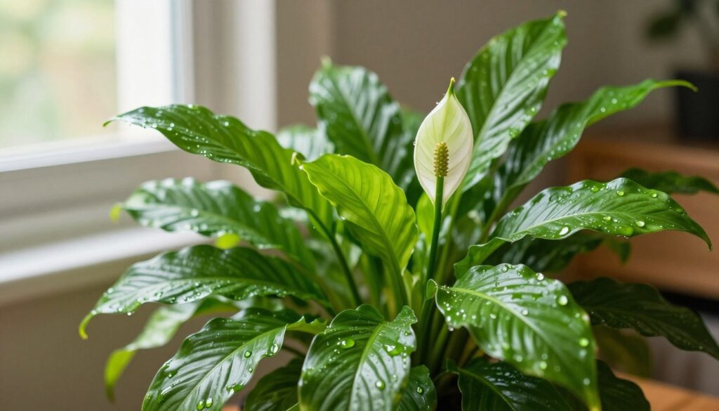 A close-up view of a thriving peace lily (Spathiphyllum) plant, showcasing its lush green leaves glistening with moisture, symbolizing high humidity. The foreground features vivid, vibrant foliage with water droplets adhering to the leaves, reflecting light. In the middle ground, a soft-focus background reveals a cozy indoor space with gentle sunlight streaming in through a window, creating a warm and inviting atmosphere. The overall mood is serene and refreshing, representing ideal growing conditions. Natural lighting highlights the textures of the leaves, while a shallow depth of field emphasizes the plant's resilience and health. No text or additional elements should distract from this botanical depiction.