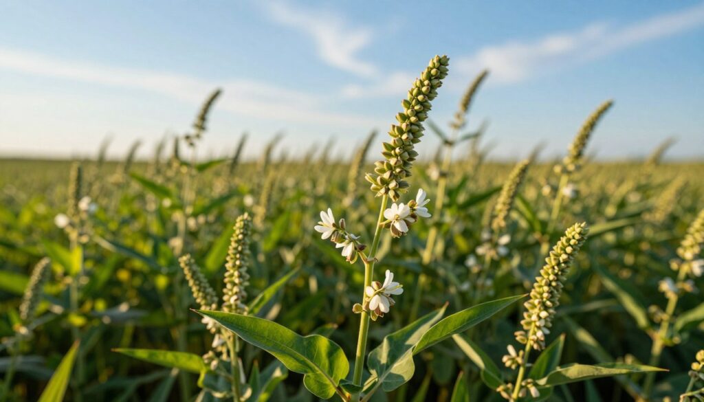A close-up view of buckwheat plants in a lush, green field, showcasing their distinct triangular seeds and vibrant green leaves. In the foreground, a few delicate white flowers bloom, highlighting the plant's beauty. The middle ground reveals a sprawling field of buckwheat, with clusters of plants swaying gently in a soft breeze. The background features a clear blue sky with wispy clouds, bathing the scene in warm, natural sunlight. The mood is serene and tranquil, evoking a sense of connection to nature and agriculture. The image is captured from a low angle, emphasizing the height of the plants and their importance in the ecosystem. A close-up view of buckwheat plants in a lush, green field, showcasing their distinct triangular seeds and vibrant green leaves. In the foreground, a few delicate white flowers bloom, highlighting the plant's beauty. The middle ground reveals a sprawling field of buckwheat, with clusters of plants swaying gently in a soft breeze. The background features a clear blue sky with wispy clouds, bathing the scene in warm, natural sunlight. The mood is serene and tranquil, evoking a sense of connection to nature and agriculture. The image is captured from a low angle, emphasizing the height of the plants and their importance in the ecosystem.