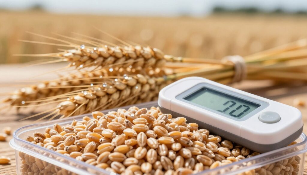A close-up view of freshly harvested wheat grains displayed in a transparent container, highlighting their texture and sheen, symbolizing moisture content. In the foreground, a digital moisture meter is placed next to the grains, showcasing its reading on a small screen. The middle ground features bundles of wheat stalks lying on a wooden surface, accentuated with some dew drops to represent humidity. The background includes soft, out-of-focus agricultural fields under bright, natural sunlight, creating a warm and inviting atmosphere. The scene captures the importance of moisture in wheat storage and farming practices, illustrating the connection to density and weight calculations. The lighting is bright and even, evoking a sense of clarity and freshness.