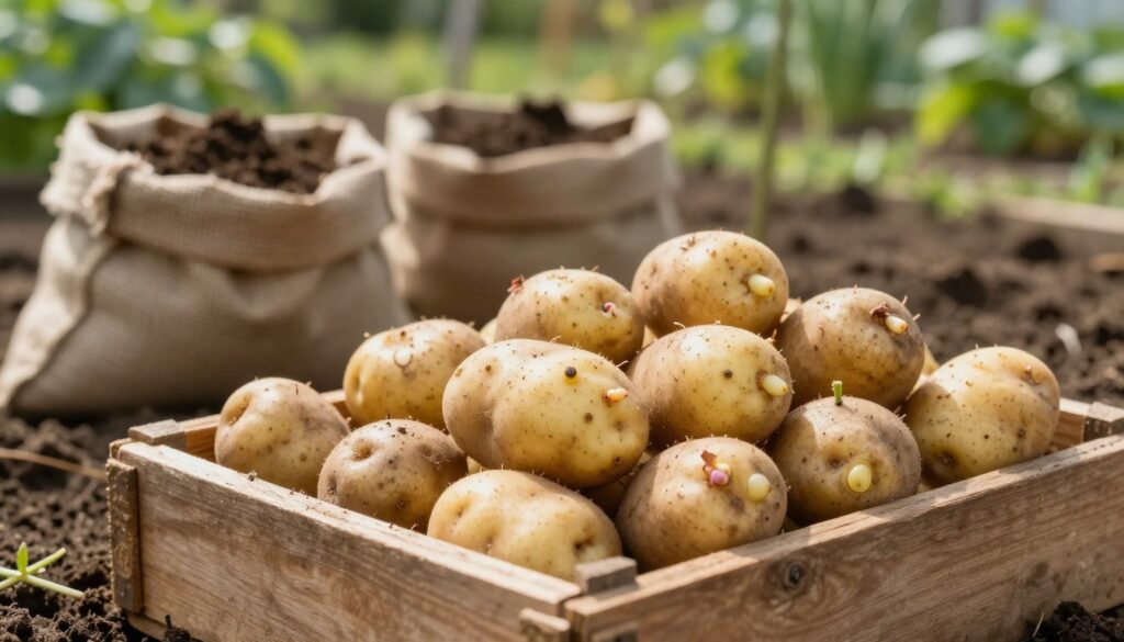 A close-up view of high-quality potato seed tubers, showcasing their rough skin texture and healthy eyes, with some tubers displaying early sprouting. In the foreground, a rustic wooden crate filled with a variety of seed potatoes rests on rich, dark soil, with gentle sunlight illuminating the scene. In the middle ground, there's a garden setting featuring burlap sacks partially filled with soil, indicating the preparation for planting. The soft-focus background shows a lush green garden, hinting at the spring season. The overall atmosphere evokes a sense of hope and anticipation for a fruitful harvest, with warm natural lighting creating an inviting and nurturing environment.