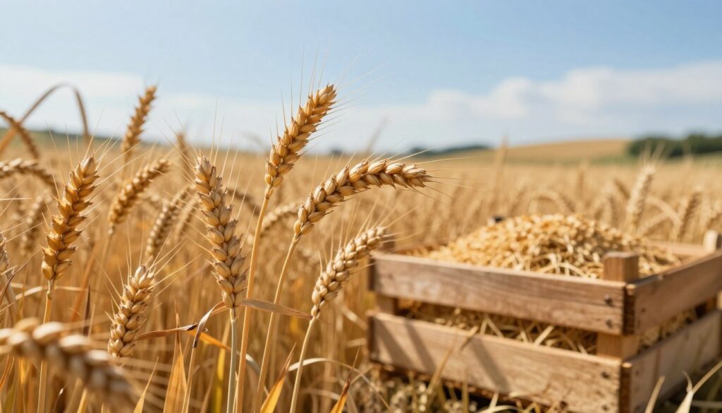 A close-up view of mature, golden consumption wheat (pszenica konsumpcyjna) in a field, with ripe grain heads gently swaying in a light breeze. The foreground features stalks of wheat tinged with sunlight, showcasing their intricate textures and warm hues. In the middle ground, a rustic wooden crate filled with freshly harvested wheat provides context, symbolizing agricultural abundance. The background presents a soft-focus of a clear blue sky and rolling hills, conveying a peaceful rural landscape. The scene's warm afternoon light enhances the golden tones of the wheat, creating a serene, inviting atmosphere that resonates with nature's bounty. The composition is shot from a low angle, emphasizing the height and vitality of the wheat, evoking a sense of growth and prosperity.