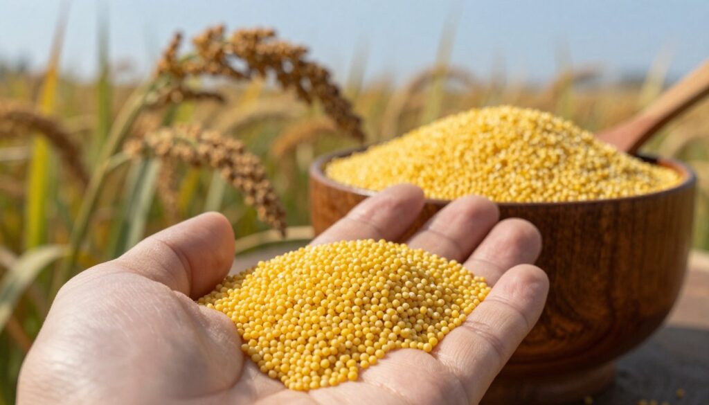 A close-up view of millet grains spilling from an open hand, showcasing their texture and color, illustrating the nutritional richness of millet porridge. In the foreground, the hand is slightly angled, allowing for detailed focus on the grains. The middle background features a rustic wooden bowl filled with cooked millet, with a spoon resting beside it. Soft, natural lighting illuminates the scene, casting gentle shadows that enhance the textures. The backdrop includes a field of golden millet plants, gently swaying under a clear blue sky, emphasizing the agricultural aspect. The mood is warm and inviting, creating a nurturing atmosphere that reflects the health benefits and energy-boosting qualities of millet.