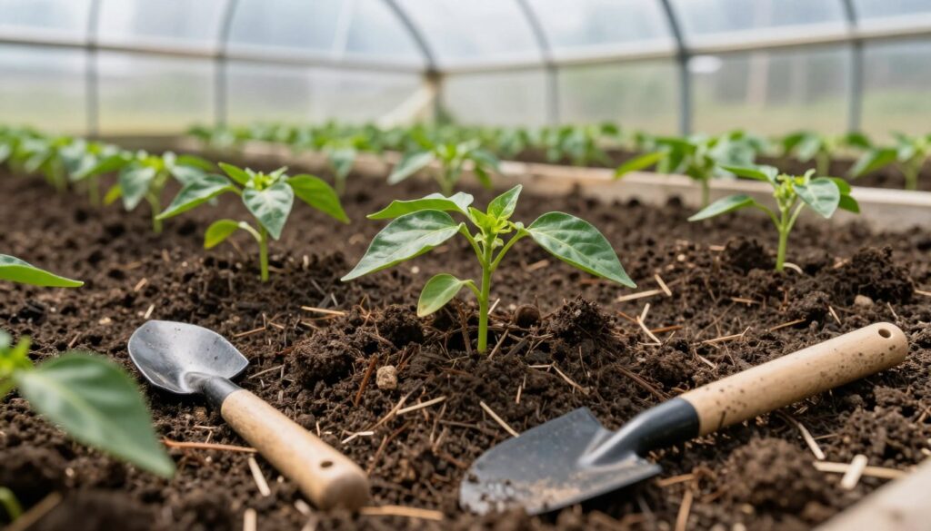 A close-up view of rich, dark soil in a greenhouse environment, showcasing the texture and structure of the earth mixed with organic compost for growing peppers. In the foreground, focus on soil clumps and small garden tools, such as a trowel and soil pH meter. In the middle, vibrant green pepper seedlings are arranged neatly in rows, their leaves glistening in soft natural light filtering through the greenhouse plastic. The background features the transparent curved roof of the tunnel, slightly blurred to emphasize the healthy plants and soil in the foreground. The atmosphere is warm and nurturing, evoking a sense of growth and care in a dedicated gardening space.
