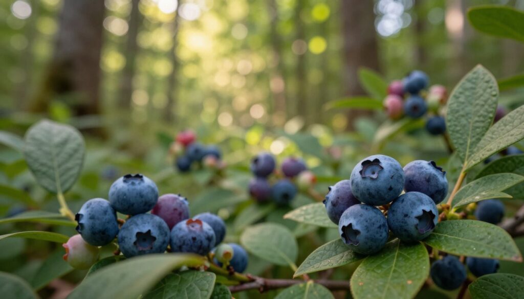 A close-up view of ripe blueberries and similar-looking wild berries in a lush forest setting. The foreground features clusters of vibrant blue, plump blueberries with a matte finish, nestled among green leaves. In the middle ground, add some unripe berries with a hint of red and detailed leaf structures for contrast. Include a blurred background of tall trees with soft, dappled sunlight filtering through the leaves, creating a sense of depth and serenity. The lighting should be warm and inviting, evoking a peaceful summer day in nature, ideal for berry picking. Capture this scene from a slight low angle to emphasize the berries and their habitat, showcasing the beauty of wild foraging.