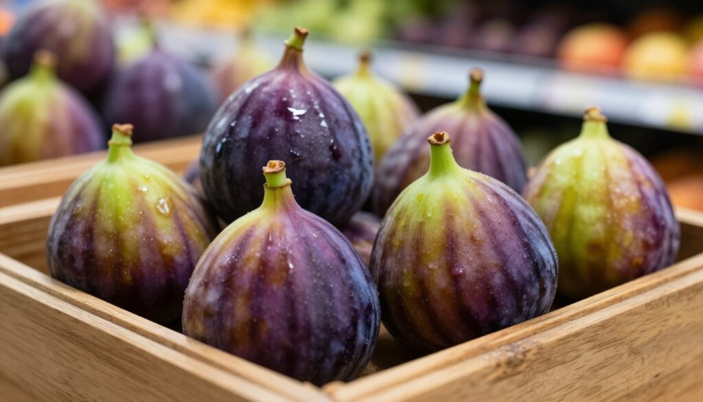 A close-up view of ripe figs displayed attractively in a rustic wooden basket. In the foreground, showcase several figs with varying shades of purple and green, highlighting their smooth, slightly glistening skin and distinctive textures. The light should create soft reflections, enhancing the organic feel. In the background, a blurred supermarket shelf reveals several other fruits, with warm, natural lighting casting gentle shadows. The overall atmosphere is fresh and inviting, emphasizing the vibrant colors of the figs. Capture this scene from a slightly elevated angle to create depth, making the figs the star of the image while providing just enough context of their setting.