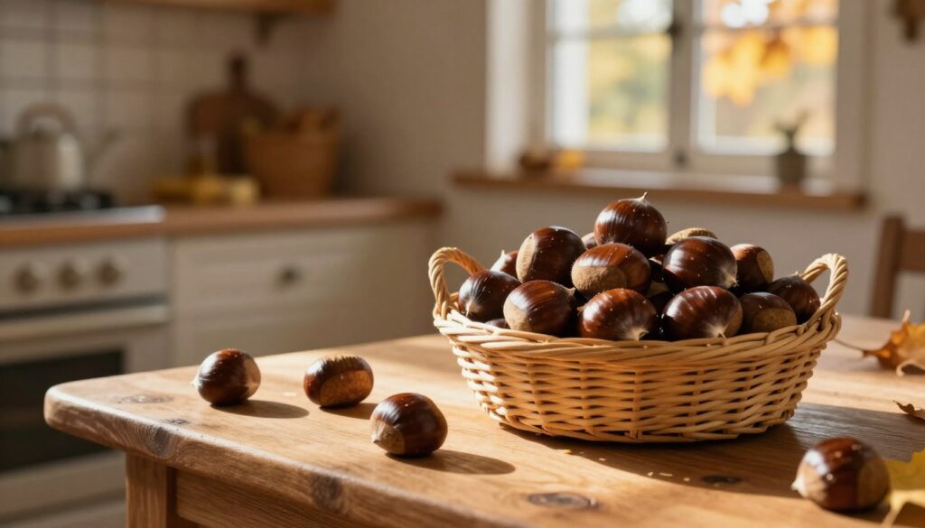 A cozy autumn scene showcasing freshly collected chestnuts ready for storage. In the foreground, an inviting wooden table is filled with shiny, dark brown chestnuts nestled in a delicate wicker basket, with a few scattered on the table. The middle ground features a small, softly lit room reminiscent of a rustic kitchen, with sun rays streaming through a window, casting warm, golden light that enhances the chestnuts' glossy surface. In the background, blurred hints of autumn leaves outside create a tranquil atmosphere. The mood is warm and inviting, evoking a sense of tradition and care in preserving nature's bounty. The composition focuses on the chestnuts, highlighting their natural beauty while embracing a seasonal charm.