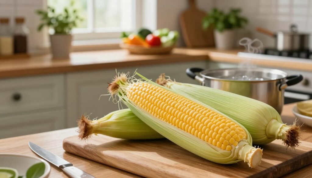 A cozy kitchen scene featuring fresh corn (kukurydza) prominently displayed in the foreground. The corn is vibrant yellow with green husks partially peeled back, revealing plump kernels. Surrounding the corn are various kitchen elements like a wooden cutting board, a knife, and a pot of boiling water. In the middle ground, soft natural light streams in through a window, illuminating the kitchen’s rustic wooden cabinets and a bowl of colorful vegetables, emphasizing a warm and inviting atmosphere. The background showcases a clean and organized kitchen, with herbs in pots and a hint of a spice rack, enhancing the culinary theme. The angle is slightly elevated, providing a clear view of the corn and its culinary context, evoking a sense of home cooking and comfort.