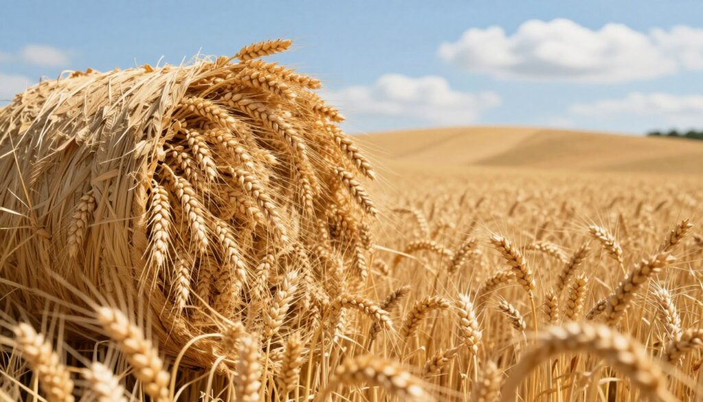 A cubic meter of golden wheat stacked neatly in a sunlit field, showcasing the rich, textured grains. In the foreground, the wheat appears in sharp focus, glistening under bright sunlight, highlighting its natural sheen and vibrant color. The middle ground features rolling hills of wheat extending into the horizon, with a clear blue sky dotted with soft, fluffy clouds. A gentle breeze creates subtle movement in the wheat stalks, adding dynamism to the scene. The overall atmosphere is warm and inviting, with a sense of abundance and nature’s bounty. Adjust the depth of field to emphasize the wheat while softly blurring the background, creating a serene and agricultural ambiance.