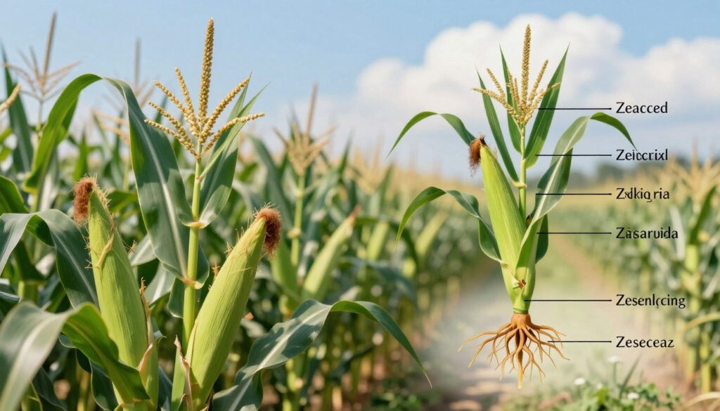 A detailed botanical illustration of Zea mays, commonly known as corn, within the Poaceae family. In the foreground, show lush green corn plants with tall, erect stalks, displaying ears of corn maturing on the cob. The middle ground features a cross-section view of the corn plant, highlighting its root system and leaves, with clear labels depicting each part. In the background, create a soft-focus field of cornrows under a bright blue sky, with fluffy white clouds for a serene atmosphere. Emphasize natural lighting that casts gentle shadows, creating depth. The overall mood should be educational and inviting, perfect for an academic context.