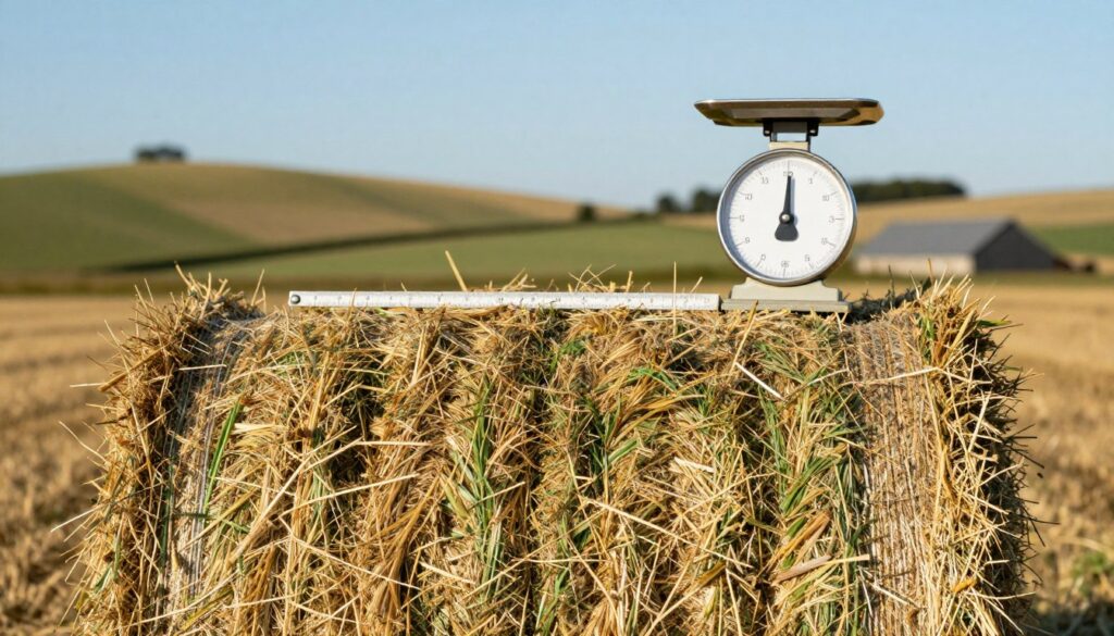 A detailed close-up image of a hay bale in a sunny rural setting. The foreground features a freshly cut rectangular hay bale, showcasing its texture and natural color variations with golden and green hues. In the middle ground, there are measuring tools, such as a ruler and scale, hinting at comparisons of weight and dimensions. The background reveals a serene farm landscape with soft rolling hills, clear blue sky, and a distant barn, emphasizing tranquility. Soft, natural light illuminates the scene, casting gentle shadows and highlighting the bale’s structure. The overall mood is informative and calm, perfect for illustrating key parameters of hay bales relevant to quality and pricing considerations.