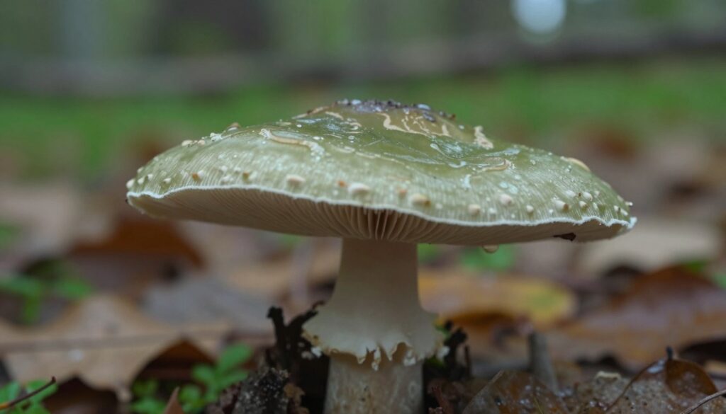 A detailed close-up of a muchomor sromotnikowy (death cap mushroom), showcasing its smooth, olive-green cap with subtle, intricate patterns, and white gills. The foreground features the mushroom prominently, with a slight dew glistening on its surface under soft, diffused morning light. The middle ground includes a blurred background of fallen leaves and grass, hinting at a forest floor, enhancing the natural setting. Rich, earthy tones dominate the scene, creating a slightly eerie yet captivating atmosphere. The angle is low, with a shallow depth of field, emphasizing the mushroom's dangerous allure. The overall mood should convey both beauty and caution, highlighting the mushroom's toxic nature amidst a serene woodland backdrop. A detailed close-up of a muchomor sromotnikowy (death cap mushroom), showcasing its smooth, olive-green cap with subtle, intricate patterns, and white gills. The foreground features the mushroom prominently, with a slight dew glistening on its surface under soft, diffused morning light. The middle ground includes a blurred background of fallen leaves and grass, hinting at a forest floor, enhancing the natural setting. Rich, earthy tones dominate the scene, creating a slightly eerie yet captivating atmosphere. The angle is low, with a shallow depth of field, emphasizing the mushroom's dangerous allure. The overall mood should convey both beauty and caution, highlighting the mushroom's toxic nature amidst a serene woodland backdrop.