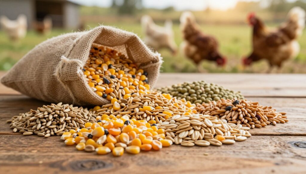 A detailed close-up of a variety of chicken feed grains displayed on a rustic wooden table, showcasing different textures and colors. In the foreground, vibrant grains like corn, barley, and oats are neatly arranged, highlighting their respective sizes and shapes. The middle ground features a burlap sack partially open, with more grains spilling out, creating a sense of abundance. In the background, a soft-focus pasture with chickens pecking and scratching the ground adds a lively farm atmosphere. The scene is bathed in warm, natural light, suggesting a late afternoon glow. A shallow depth of field focuses on the grains, inviting the viewer to appreciate the details. The overall mood is wholesome and inviting, reflecting the importance of quality chicken feed. A detailed close-up of a variety of chicken feed grains displayed on a rustic wooden table, showcasing different textures and colors. In the foreground, vibrant grains like corn, barley, and oats are neatly arranged, highlighting their respective sizes and shapes. The middle ground features a burlap sack partially open, with more grains spilling out, creating a sense of abundance. In the background, a soft-focus pasture with chickens pecking and scratching the ground adds a lively farm atmosphere. The scene is bathed in warm, natural light, suggesting a late afternoon glow. A shallow depth of field focuses on the grains, inviting the viewer to appreciate the details. The overall mood is wholesome and inviting, reflecting the importance of quality chicken feed.