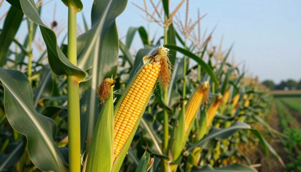 A detailed, close-up view of Zea mays (corn) in its natural habitat. In the foreground, display vibrant green leaves and ripe, golden kernels nestled among the husks, emphasizing the plant's structural features such as the tassels and ear. In the middle ground, a lush field of corn stretches toward the horizon, showcasing multiple stalks swaying gently in a light breeze. The background should feature a clear blue sky, adding brightness and warmth to the scene. Utilize soft, natural lighting to highlight the textures of the leaves and kernels, captured with a shallow depth of field to create an intimate and engaging atmosphere. The mood should evoke a sense of growth and vitality, reflecting the botanical nature of this important crop.
