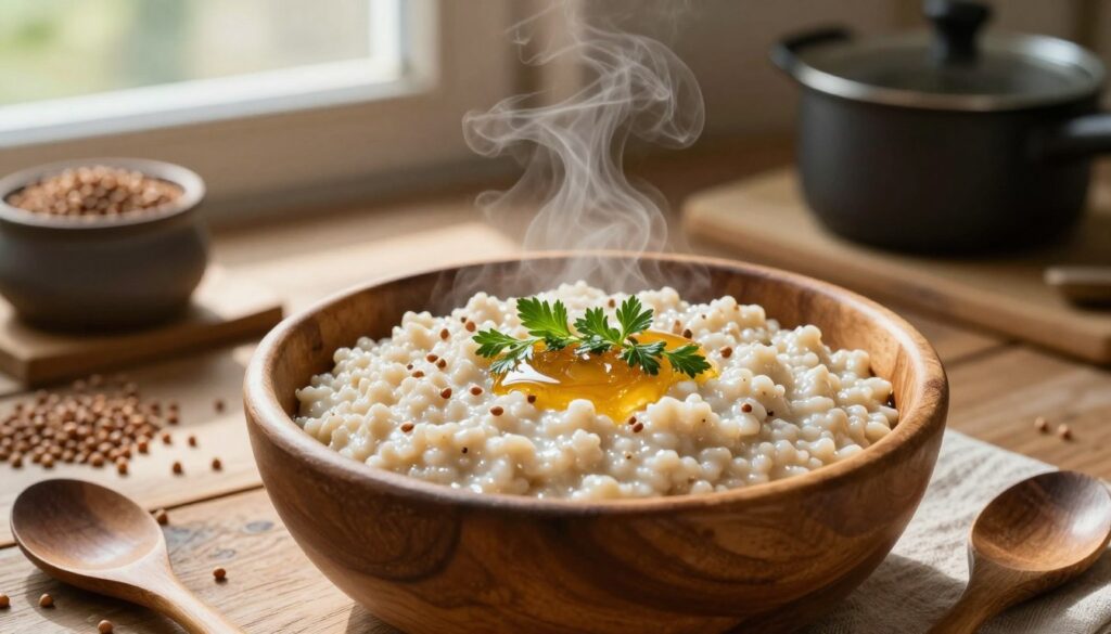 A detailed depiction of kaszy (buckwheat porridge) presented in a rustic kitchen setting. In the foreground, a wooden bowl filled with steaming, creamy kaszy, garnished with fresh herbs and a drizzle of honey, creating an inviting atmosphere. The middle ground features a wooden table scattered with whole buckwheat grains, a small pot, and utensils, hinting at the preparation process. In the background, a softly lit window allows warm sunlight to filter through, casting gentle shadows and creating a cozy ambiance. The scene conveys a sense of nourishment and wholesome cooking, emphasizing the versatility of buckwheat in culinary applications. Use soft, natural lighting to enhance the warmth and comfort of the kitchen environment, focusing on a slightly elevated angle for an inviting view. A detailed depiction of kaszy (buckwheat porridge) presented in a rustic kitchen setting. In the foreground, a wooden bowl filled with steaming, creamy kaszy, garnished with fresh herbs and a drizzle of honey, creating an inviting atmosphere. The middle ground features a wooden table scattered with whole buckwheat grains, a small pot, and utensils, hinting at the preparation process. In the background, a softly lit window allows warm sunlight to filter through, casting gentle shadows and creating a cozy ambiance. The scene conveys a sense of nourishment and wholesome cooking, emphasizing the versatility of buckwheat in culinary applications. Use soft, natural lighting to enhance the warmth and comfort of the kitchen environment, focusing on a slightly elevated angle for an inviting view.