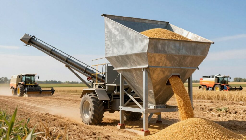 A detailed illustration of a grain receiving hopper (kosz przyjęciowy) in a modern agricultural setting. In the foreground, showcase the intricately designed hopper, made from robust steel with a large, wide opening at the top for grain intake. The hopper is filled with golden grains spilling slightly to the side. In the middle ground, depict machinery used for grain transportation, like an auger conveyor, smoothly moving grain towards the hopper. In the background, the scene transitions to a sunny, open field with agricultural equipment, such as tractors and harvesters, operating under a bright blue sky. The lighting is warm and natural, emphasizing the productivity of the farm, while the overall mood is one of efficiency and industriousness. Use a wide-angle lens to capture the full scope of the scene.