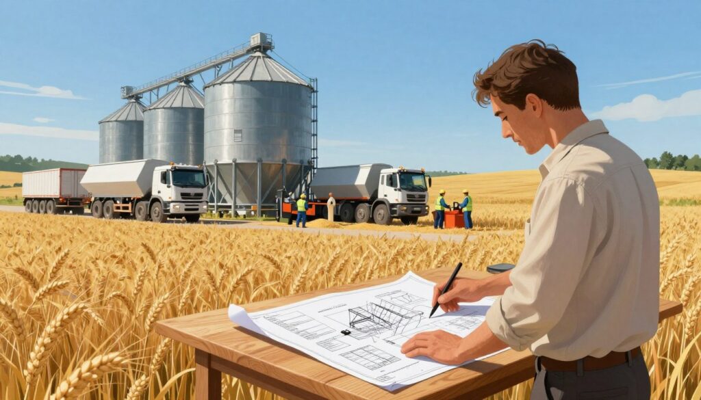 A detailed illustration of a grain unloading efficiency planning scene in a rural setting. In the foreground, a professional farm manager in modest casual clothing critiques a blueprint on a wooden table, filled with diagrams and logistics details. The middle section features a large, modern grain silo with grain trucks parked for unloading, while workers in professional attire operate machinery, showcasing teamwork and efficiency. The background displays an expansive field of golden wheat under a clear blue sky, with a hint of distant rolling hills. Sunlight casts soft shadows, creating a vibrant, dynamic atmosphere that conveys the importance of effective logistics in grain handling. The angle captures the hustle and bustle of farm life, emphasizing productivity and organization.