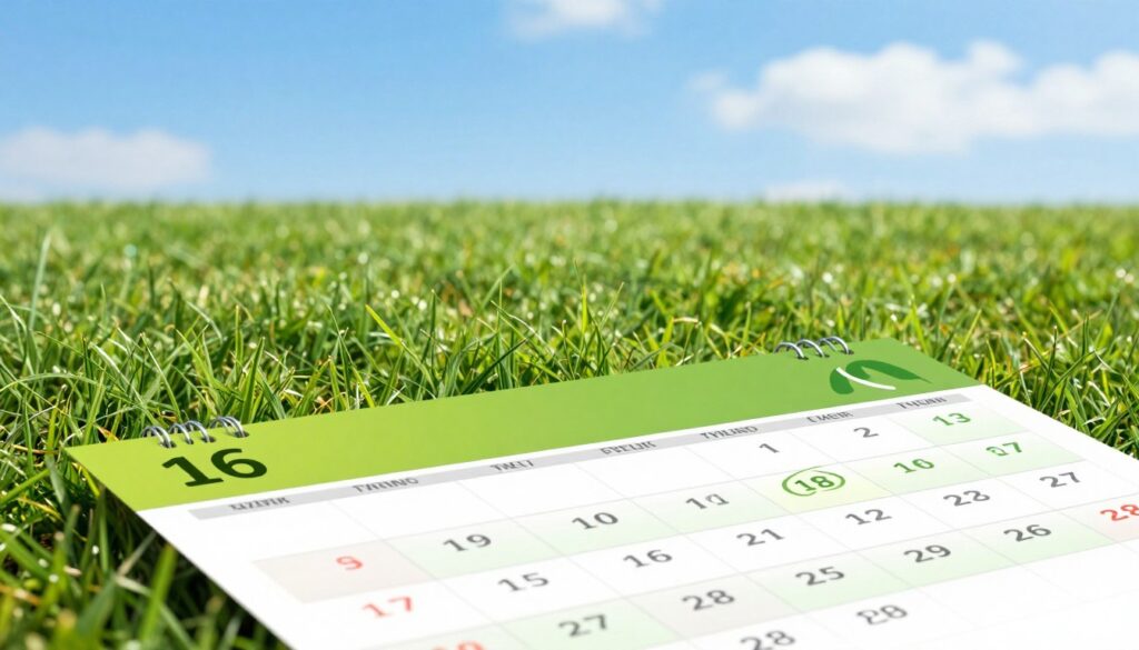 A detailed illustration of a lawn fertilization calendar, prominently featuring a graphic representation of seasonal timings for applying fertilizer to a lush green lawn. In the foreground, a vibrant calendar with clear monthly divisions shows various stages of lawn care, highlighting key dates for fertilization. In the middle, a well-maintained lawn with rich green grass is visible, demonstrating the results of proper fertilization. The background includes a clear blue sky and subtle tufts of clouds, conveying a sunny atmosphere that suggests optimal weather for lawn care. Lighting is bright and inviting, with a soft focus to enhance the professionalism of the scene. The composition aims to inspire confidence in lawn care practices while maintaining a clean and informative aesthetic. A detailed illustration of a lawn fertilization calendar, prominently featuring a graphic representation of seasonal timings for applying fertilizer to a lush green lawn. In the foreground, a vibrant calendar with clear monthly divisions shows various stages of lawn care, highlighting key dates for fertilization. In the middle, a well-maintained lawn with rich green grass is visible, demonstrating the results of proper fertilization. The background includes a clear blue sky and subtle tufts of clouds, conveying a sunny atmosphere that suggests optimal weather for lawn care. Lighting is bright and inviting, with a soft focus to enhance the professionalism of the scene. The composition aims to inspire confidence in lawn care practices while maintaining a clean and informative aesthetic.