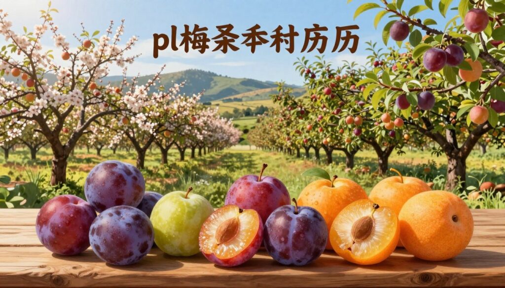 A detailed illustration of a "plum variety calendar" capturing the essence of plums throughout the months. In the foreground, display an artistic arrangement of different plum varieties—such as Damson, Italian, and Satsuma—each uniquely colored and textured, sitting on a rustic wooden table. In the middle ground, depict a lush orchard scene with plum trees laden with ripe fruit, reflecting seasonal colors from spring blossoms to summer lushness. In the background, include rolling hills under a bright blue sky, suggesting abundance. The lighting is warm and inviting, suggesting a late afternoon glow. The atmosphere is cheerful and vibrant, ideal for showcasing the seasonal variety of plums.