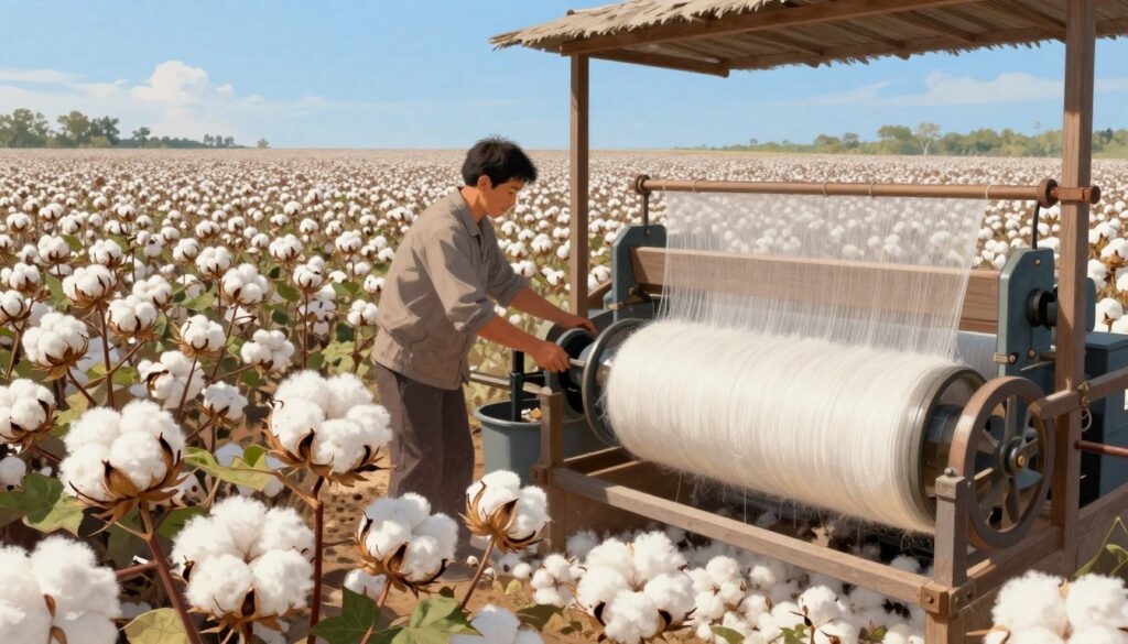 A detailed, illustrative scene depicting the process of cotton production, showcasing the transformation of cotton from field to fabric. In the foreground, vibrant cotton plants with fluffy white bolls ready for harvest, surrounded by green leaves. In the middle, a cotton gin where workers in professional attire operate machines, meticulously cleaning and separating the fibers. To the side, a section showing the spinning process, with spinning wheels producing soft, silky threads. In the background, a vast cotton field under a bright blue sky, illustrating the agricultural essence of cotton cultivation. Soft, warm lighting enhances the inviting atmosphere, capturing the intricate details of this textile journey. The image focuses solely on the cotton production process without any text, ensuring a clear visual narrative. A detailed, illustrative scene depicting the process of cotton production, showcasing the transformation of cotton from field to fabric. In the foreground, vibrant cotton plants with fluffy white bolls ready for harvest, surrounded by green leaves. In the middle, a cotton gin where workers in professional attire operate machines, meticulously cleaning and separating the fibers. To the side, a section showing the spinning process, with spinning wheels producing soft, silky threads. In the background, a vast cotton field under a bright blue sky, illustrating the agricultural essence of cotton cultivation. Soft, warm lighting enhances the inviting atmosphere, capturing the intricate details of this textile journey. The image focuses solely on the cotton production process without any text, ensuring a clear visual narrative.