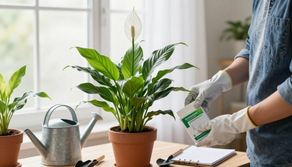 A healthy, lush Peace Lily (Spathiphyllum) plant in a brightly lit indoor setting, showcasing its glossy, green leaves and elegant white blooms. In the foreground, a gardener in smart casual attire, wearing gloves, is carefully measuring an organic fertilizer, surrounded by gardening tools and pots. In the middle ground, a watering can and small notepad with notes about fertilization frequency are visible, hinting at a thoughtful approach to plant care. The background features a sunlit window with sheer curtains, casting soft, natural light that enhances the serene atmosphere. The mood is nurturing and educational, conveying a deep appreciation for plant care and growth.