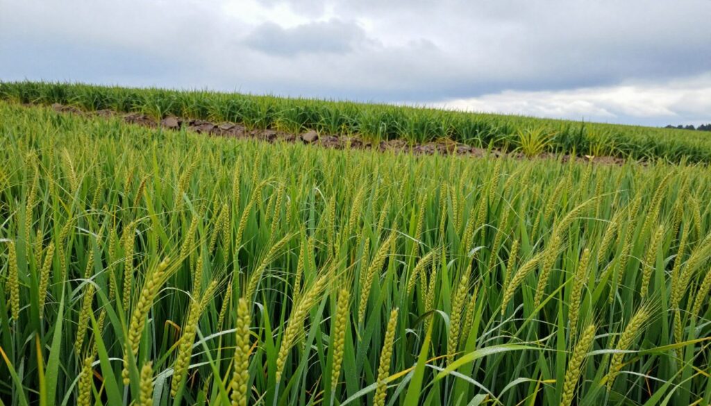 A lush field of rye (żyto) stretching across a gently undulating landscape. In the foreground, the slender, green stalks of rye sway gracefully in a cool breeze, glistening with morning dew under soft, natural sunlight. In the middle ground, a patch of slightly rocky soil hints at the crop's adaptability to less fertile conditions, showcasing clusters of resilient plants that appear vibrant and healthy. The background features a serene, cloudy sky, adding a subtle contrast while evoking the cooler climate in which rye flourishes. The overall atmosphere is tranquil and hopeful, suggesting stability and resilience in agricultural practices. The image captures the essence of rye as a hardy grain thriving in challenging environments, with a focus on its natural beauty and agricultural significance.