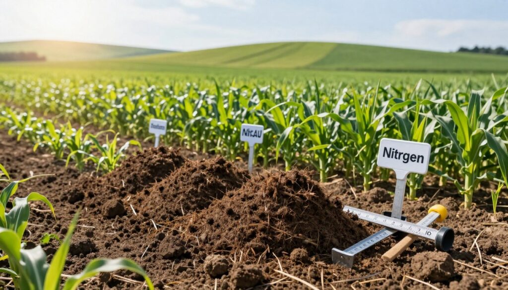 A lush green agricultural field under a bright, sunny sky, with the focus on a vibrant patch of soil showing rich, dark earth, emphasizing nutrients essential for crops. In the foreground, a bundle of composted manure is neatly arranged, symbolizing organic fertilization techniques, alongside measuring tools that indicate nitrogen limits. The middle ground features healthy crops such as corn and wheat evenly distributed, with labels indicating growth stages. The background should show gentle rolling hills, enhancing the farm landscape atmosphere. Soft, natural lighting broadens the scene, with a slight lens flare to add depth. The mood is peaceful and productive, capturing the essence of responsible farming practices and the significance of nitrogen management in agriculture. A lush green agricultural field under a bright, sunny sky, with the focus on a vibrant patch of soil showing rich, dark earth, emphasizing nutrients essential for crops. In the foreground, a bundle of composted manure is neatly arranged, symbolizing organic fertilization techniques, alongside measuring tools that indicate nitrogen limits. The middle ground features healthy crops such as corn and wheat evenly distributed, with labels indicating growth stages. The background should show gentle rolling hills, enhancing the farm landscape atmosphere. Soft, natural lighting broadens the scene, with a slight lens flare to add depth. The mood is peaceful and productive, capturing the essence of responsible farming practices and the significance of nitrogen management in agriculture.