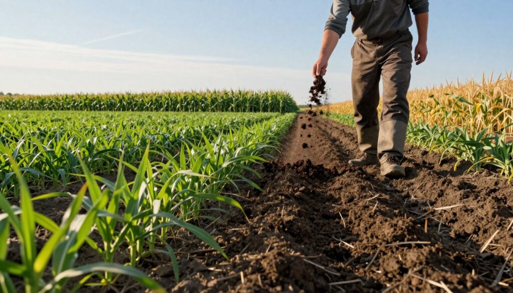 A lush, green agricultural landscape showcasing a farmer in professional attire, actively spreading "dawka obornika" (manure) across a field. In the foreground, focus on the rich, dark, earthy texture of the manure being spread, contrasting with the vibrant green crop rows. In the middle ground, depict thriving fields of various crops, such as corn and wheat, illustrating the diverse agricultural practices. The background should feature a clear blue sky with soft, natural lighting that creates a warm and inviting atmosphere. Capture the scene from a low-angle perspective to emphasize the depth of the field and the richness of the soil, conveying the importance of manure application in Polish agriculture. A lush, green agricultural landscape showcasing a farmer in professional attire, actively spreading "dawka obornika" (manure) across a field. In the foreground, focus on the rich, dark, earthy texture of the manure being spread, contrasting with the vibrant green crop rows. In the middle ground, depict thriving fields of various crops, such as corn and wheat, illustrating the diverse agricultural practices. The background should feature a clear blue sky with soft, natural lighting that creates a warm and inviting atmosphere. Capture the scene from a low-angle perspective to emphasize the depth of the field and the richness of the soil, conveying the importance of manure application in Polish agriculture.