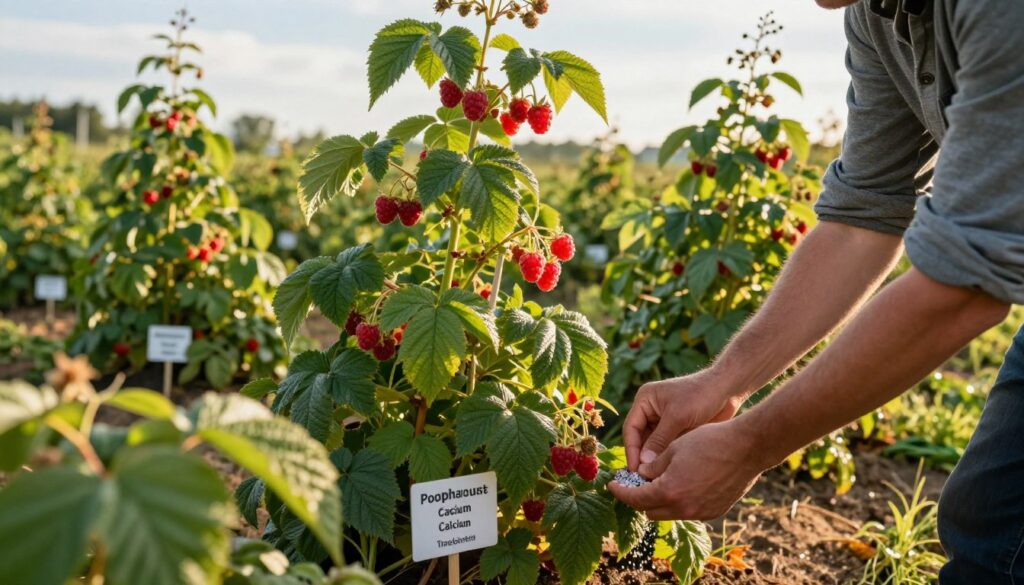 A lush raspberry field in full fruiting season, showcasing vibrant red raspberries hanging from green, leafy canes. In the foreground, a gardener in modest casual clothing is carefully applying fertilizer granules around the base of the plants, highlighting the importance of nutrient management. The middle ground features rows of berry canes laden with ripe fruit, while small plant signs indicate potassium, phosphorus, calcium, and trace elements necessary for optimal growth. In the background, a sunny sky casts warm, natural light over the scene, with soft, diffused shadows enhancing the texture of the plants. The atmosphere is calm and industrious, evoking a sense of nurturing and growth in the rich agricultural landscape. Capture this composition using a slightly elevated angle, focusing on the interaction between the gardener and the raspberry plants.