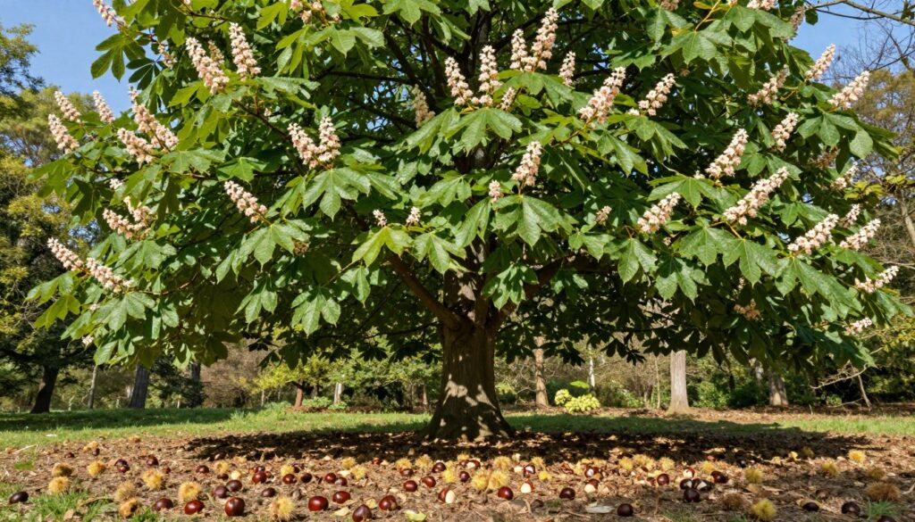 A majestic horse chestnut tree stands as the focal point of this vibrant image, showcasing its broad, green canopy filled with distinctive palmate leaves. In the foreground, fallen chestnuts and spiky seed cases create a natural carpet on the forest floor, highlighting the seasonal harvest aspect. The middle ground features the tree's thick trunk, textured bark, and clusters of white and pink flowering blossoms reaching towards the sky. The background reveals a serene woodland scene with soft sunlight filtering through the leaves, casting dappled shadows on the ground, creating a warm and inviting atmosphere. Capture this scene from a slightly low angle to emphasize the height of the tree against a clear blue sky, evoking a sense of wonder and tranquility in nature.