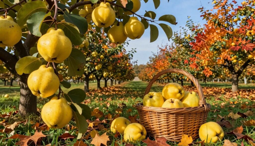 A picturesque autumn scene in Poland during October, illustrating the unique moment of harvesting quince. In the foreground, a variety of ripe, yellow quinces hang from lush green branches, glistening under soft, golden sunlight. The middle ground features a rustic wicker basket filled with freshly picked quinces, with scattered fallen leaves around it, emphasizing the seasonal vibe. In the background, a tranquil orchard stretches under a clear blue sky, with trees adorned in vibrant autumn foliage of oranges and reds. The overall atmosphere conveys a sense of abundance and the importance of timing in the harvest process, inviting viewers to appreciate the beauty and tradition of collecting ripe fruit in the fall. Natural lighting enhances the colors, creating a warm and inviting mood.