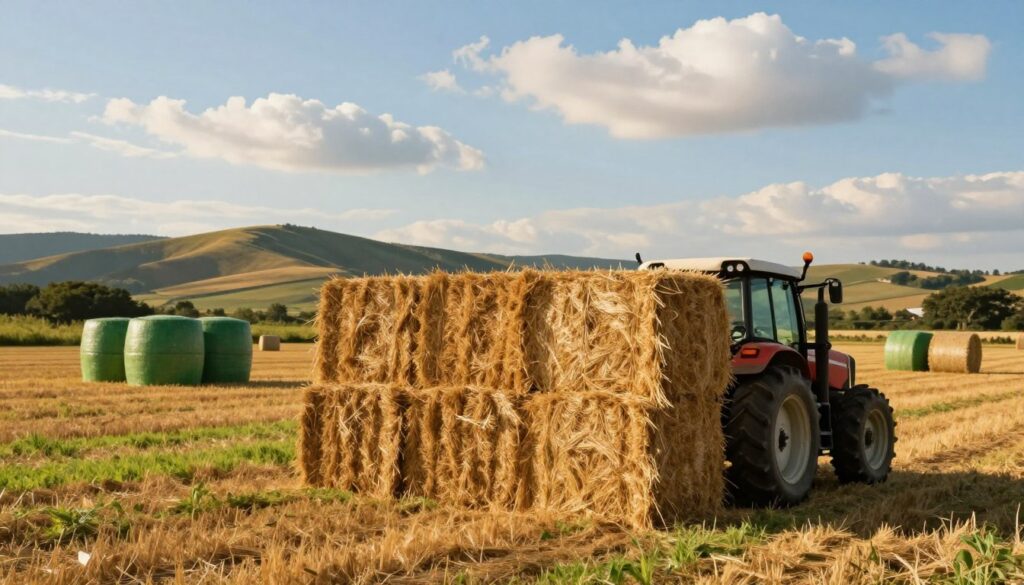 A picturesque rural scene depicting the delivery of hay bales in an agricultural setting. In the foreground, a tractor is unloading neatly stacked rectangular hay bales onto a grassy field, showcasing their golden texture under the warm sunlight. The middle ground features a variety of hay bales, some wrapped in green netting, creating a visual contrast. In the background, gently rolling hills and a bright blue sky dotted with fluffy clouds add to the idyllic landscape. The lighting is warm and inviting, casting soft shadows that highlight the details of the hay bales. The atmosphere is calm and serene, evoking a sense of rural charm and the importance of agricultural logistics.