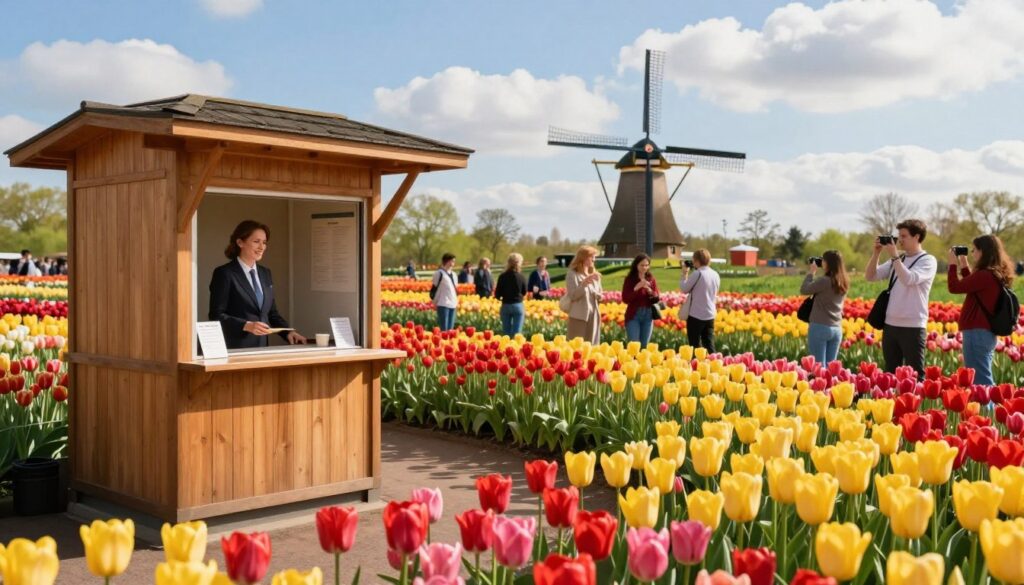 A picturesque scene at Keukenhof, showcasing vibrant fields of blooming tulips in various colors, including reds, yellows, and pinks stretching into the distance. In the foreground, a wooden ticket booth stands with a friendly attendant in business attire, symbolizing ticket sales. The midground features joyful tourists browsing through tulip varieties and taking photographs, dressed in casual spring clothing. The background reveals the iconic windmill, surrounded by lush greenery under a bright blue sky dotted with fluffy white clouds. Soft, warm sunlight bathes the scene, creating an inviting atmosphere. The composition has a slight depth of field to emphasize the ticket booth while keeping the tulips crisp and in focus, evoking a sense of wonder and excitement for visitors planning their trip.
