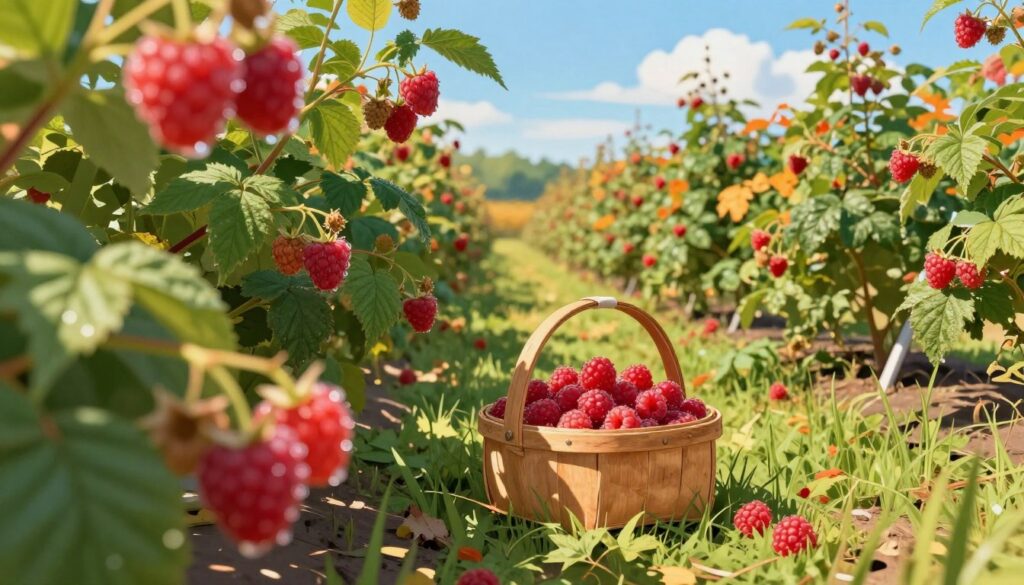 A picturesque summer landscape featuring lush raspberry bushes heavy with ripe red berries, symbolizing the raspberry season. In the foreground, a close-up view of vibrant raspberry fruits glistening with morning dew, inviting and fresh. In the middle ground, a rustic wooden basket filled with just-picked raspberries sits on a grassy patch, surrounded by green leaves. The background reveals a scenic farm setting with rows of raspberry plants under a clear blue sky, with hints of yellow and orange tones indicating the transition to autumn. Soft, warm sunlight casts gentle shadows, creating a welcoming and cheerful mood. This image captures the essence of raspberry harvesting seasons, emphasizing both summer and fall varieties, perfect for an illustrative article section on raspberry seasonality.