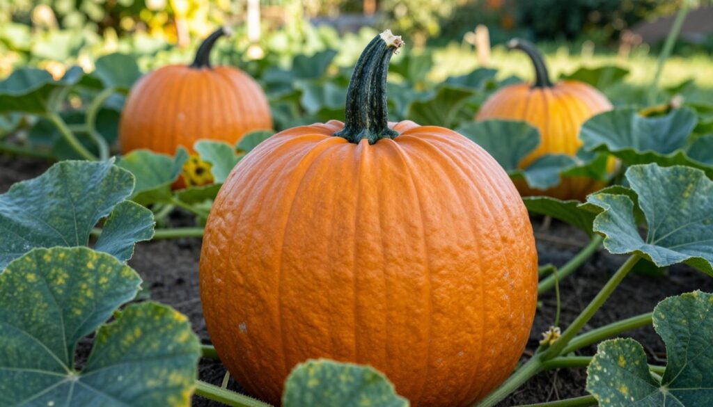 A ripe pumpkin resting in a sunlit garden, showcasing its vibrant orange hue and slight sheen, indicating it’s ready for harvest. The foreground features the pumpkin, with its sturdy green stem intact, surrounded by lush green vines and large, broad leaves. In the middle ground, other pumpkins can be faintly seen, varying in size, some still maturing, with hints of yellowish tones revealing their stages of ripeness. The background consists of a soft-focus garden landscape, with mild sunlight filtering through the leaves above, creating a warm and inviting atmosphere. The lighting is natural and highlights the textures of the pumpkin's skin, emphasizing its smooth and hardened surface, signifying maturity and readiness to be picked. A ripe pumpkin resting in a sunlit garden, showcasing its vibrant orange hue and slight sheen, indicating it’s ready for harvest. The foreground features the pumpkin, with its sturdy green stem intact, surrounded by lush green vines and large, broad leaves. In the middle ground, other pumpkins can be faintly seen, varying in size, some still maturing, with hints of yellowish tones revealing their stages of ripeness. The background consists of a soft-focus garden landscape, with mild sunlight filtering through the leaves above, creating a warm and inviting atmosphere. The lighting is natural and highlights the textures of the pumpkin's skin, emphasizing its smooth and hardened surface, signifying maturity and readiness to be picked.