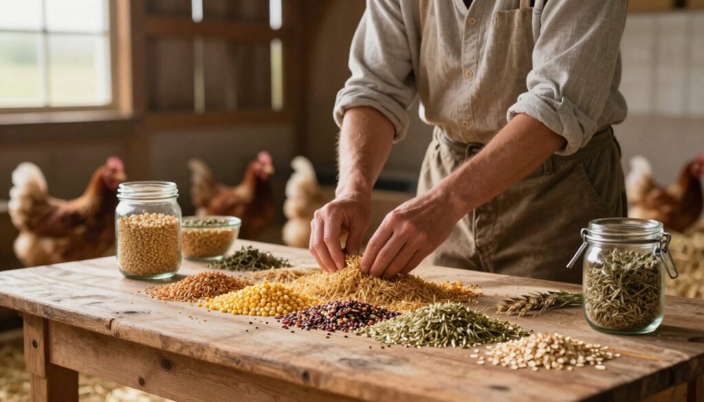 A rustic wooden table in the foreground displays an array of colorful homemade feed mixtures for chickens, emphasizing grains like corn, wheat, and barley mixed with seeds and oats. Nearby, a glass jar filled with dried herbs adds a natural touch. In the middle ground, a soft-focus image of a farmer wearing a casual, modest outfit, gently mixing the feed highlights the homey, hands-on approach to feeding chickens. The background fades into a sunny, warm barn setting, with straw and chick feed scattered around, creating an inviting farm atmosphere. Soft natural lighting filters through the barn windows, casting gentle shadows, enhancing the organic feel of the scene. The ambiance conveys a sense of care and tradition in poultry farming. A rustic wooden table in the foreground displays an array of colorful homemade feed mixtures for chickens, emphasizing grains like corn, wheat, and barley mixed with seeds and oats. Nearby, a glass jar filled with dried herbs adds a natural touch. In the middle ground, a soft-focus image of a farmer wearing a casual, modest outfit, gently mixing the feed highlights the homey, hands-on approach to feeding chickens. The background fades into a sunny, warm barn setting, with straw and chick feed scattered around, creating an inviting farm atmosphere. Soft natural lighting filters through the barn windows, casting gentle shadows, enhancing the organic feel of the scene. The ambiance conveys a sense of care and tradition in poultry farming.