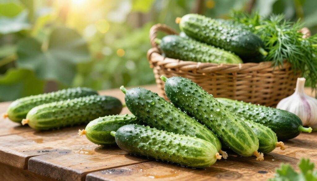 A rustic wooden table laden with fresh, vibrant cucumbers of various sizes, glistening with dew. The foreground showcases a close-up of the cucumbers, with shallow depth of field to emphasize their rich green hues and subtle textures. In the middle ground, include a rustic basket filled with more cucumbers alongside sprigs of dill and garlic, hinting at the flavors used in pickling. The background features a soft-focus garden scene with sunlight filtering through leafy vines, creating a warm and inviting atmosphere. Incorporate natural lighting to enhance the freshness and juiciness of the cucumbers. The overall mood is serene and wholesome, evoking the essence of harvest season.