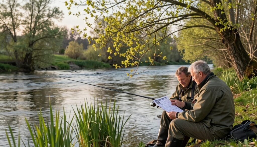 A serene Polish river scene during early spring, capturing the essence of fishing season. In the foreground, a pair of knowledgeable anglers in modest casual attire, thoughtfully discussing the opening dates for pike fishing, while examining a calendar. Lush green reeds line the riverbank, and gentle ripples flow through the crystalline water. In the middle ground, a picturesque view of the river is framed by budding trees, their leaves just beginning to unfurl, symbolizing new beginnings. In the background, soft, warm sunlight filters through the branches, casting a golden glow on the water. The atmosphere is calm and contemplative, evoking a sense of anticipation for the fishing season ahead. Focus on natural colors and details, using a shallow depth of field to emphasize the anglers in the foreground.