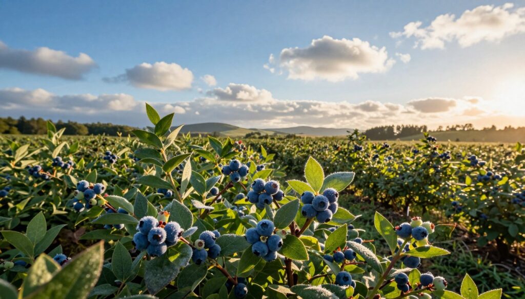 A serene blueberry farm in the foreground, with lush green bushes heavy with ripe blueberries ready for harvest. The middle ground features a clear blue sky scattered with fluffy white clouds, and the sun casting a warm golden glow over the fields. In the background, rolling hills and distant trees create a tranquil landscape. Frost marks and dew on the blueberries indicate the impact of varying weather conditions on their ripening. Soft sunlight filters through, highlighting the vibrant blues and rich greens of the scene. The mood is calm and inviting, evoking a sense of seasonal change and the connection between nature and agriculture. Capture the richness of this farming environment with a slightly elevated angle, showcasing the abundance of fruit in its natural habitat.